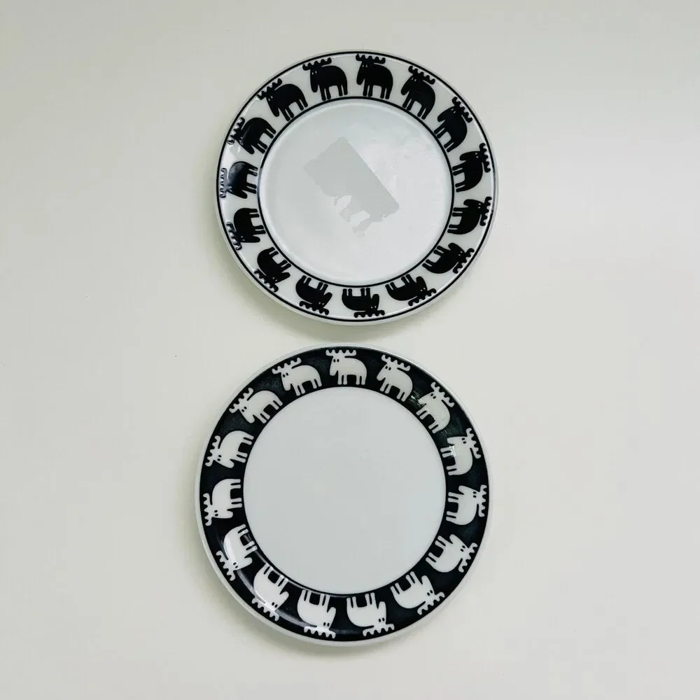 MOZ Sweden Black White Ceramic Moose Rim Appetizer Plates, Set of 2